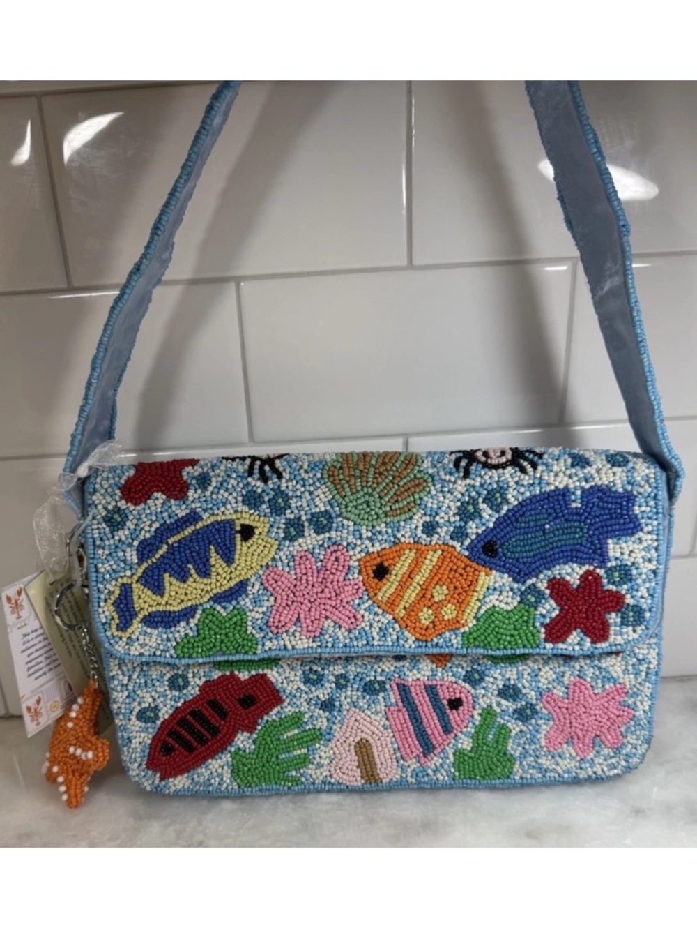 Brand New Release Viral Made In India beaded Blue Under The Sea Fish Bag NWT